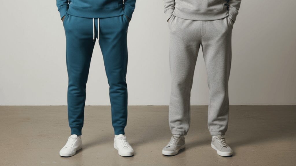 Two men wearing jogger sweatpants in teal and gray with relaxed tapered fit.