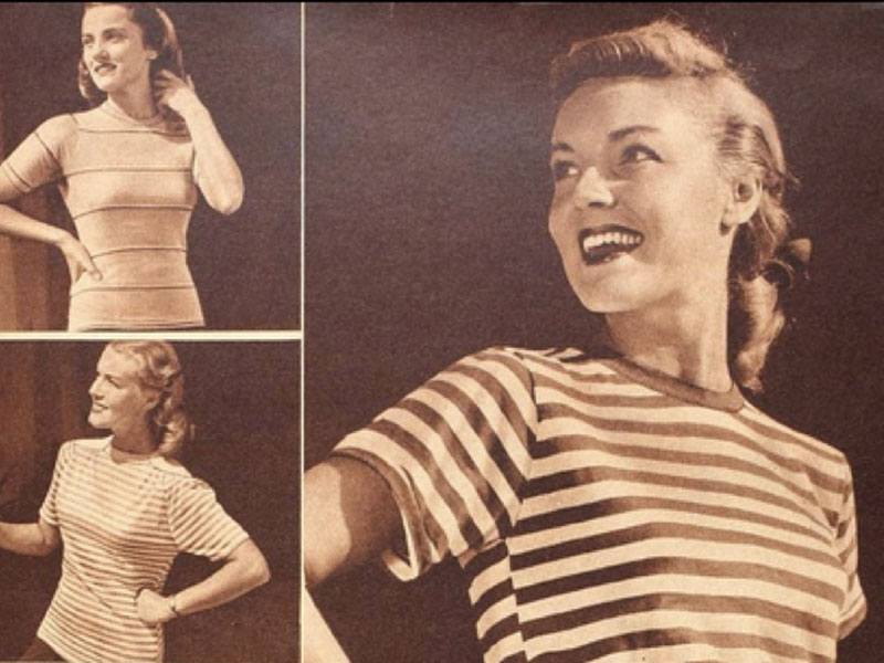 Vintage advertisement featuring women modeling striped fitted T-shirts in retro style