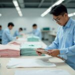 Worker inspecting folded white garment with tablet in modern apparel factory