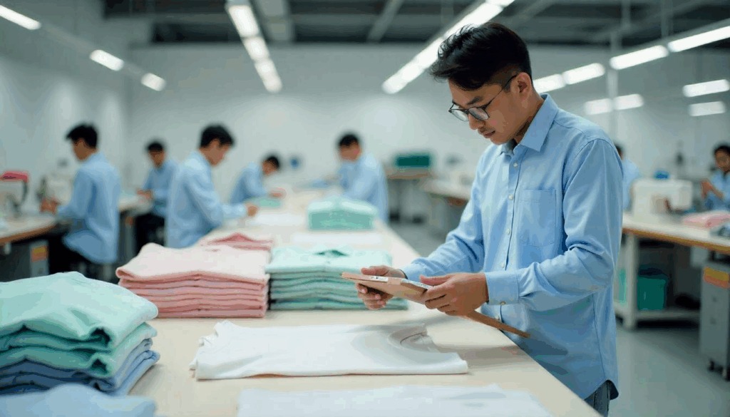 Worker inspecting folded white garment with tablet in modern apparel factory