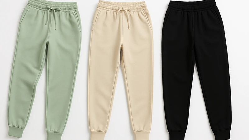 Three jogger sweatpants in mint green, cream, and black with drawstring waists.
