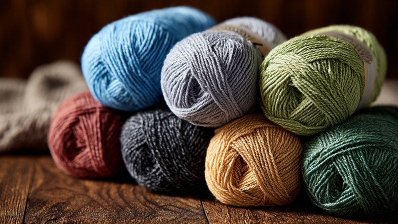 Colorful yarn skeins stacked on wooden table in soft natural light