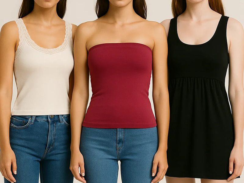 Three women modeling tank styles in cream, strapless burgundy, and black sleeveless dress.
