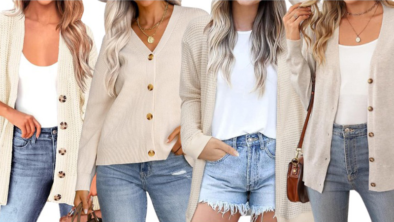 Four women wearing cream and beige cardigans styled with white tops and denim.