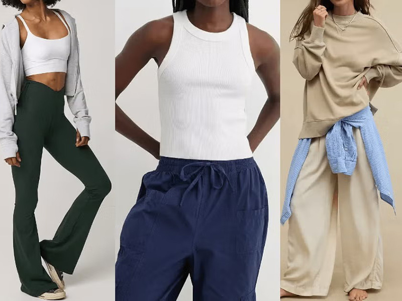 Three women in lounge outfits with flared pants, drawstring trousers, and oversized loungwear styling.