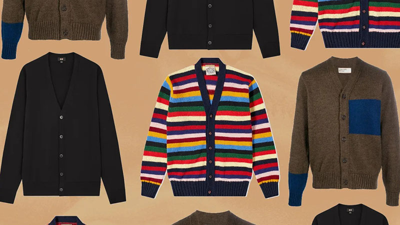 Assorted cardigans in solid black, brown, and colorful striped knit styles arranged in collage.
