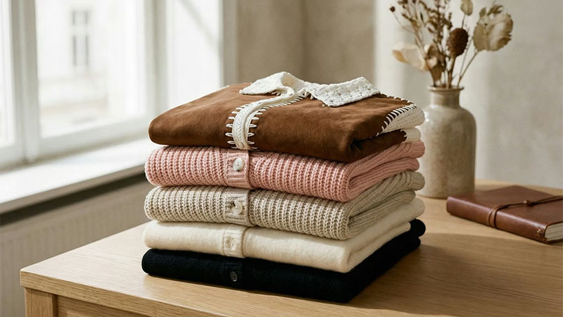 A neat stack of folded sweaters and a brown jacket on a wooden table next to a vase with dried flowers and a notebook.