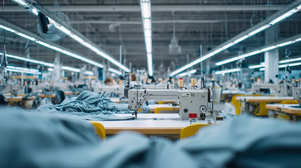 Industrial sewing machine centered on garment factory floor with fabric piles