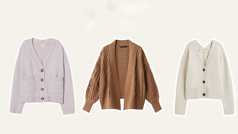Three knit cardigans in lavender, brown cable-knit, and cream button-front styles