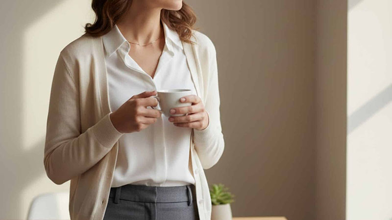 Woman wearing a cream-colored cardigan over a white blouse, holding a white cup with both hands, standing in a softly lit room.