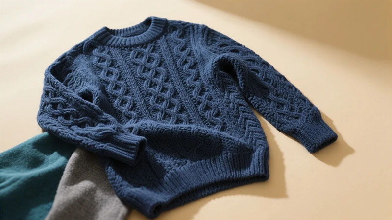 A navy blue cable-knit sweater neatly laid on a beige surface, with parts of green and gray sweaters peeking out from underneath.