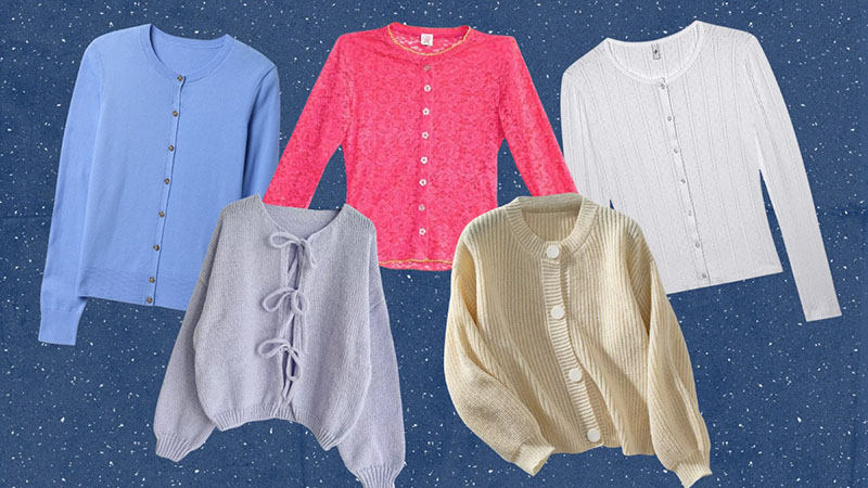 Five women's cardigans arranged on a dark blue speckled background.