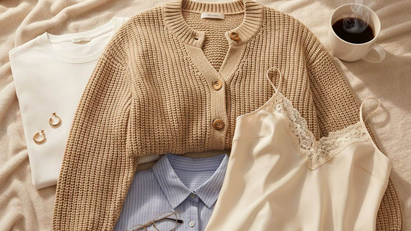 Beige knit cardigan styled with layered basics, satin camisole, and coffee in cozy flat lay
