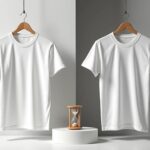 Two blank white T-shirts hanging on display against contrasting gray backgrounds