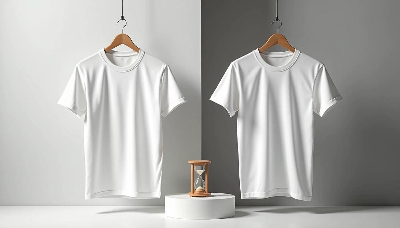 Two blank white T-shirts hanging on display against contrasting gray backgrounds