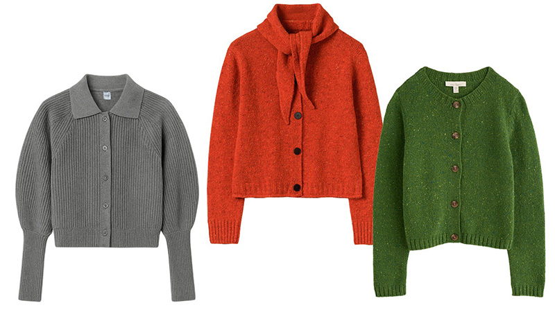 Three women’s cardigans in gray, orange-red, and green with button-front knit styles.