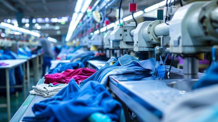 Industrial sewing machines stitching blue garments along busy apparel production line