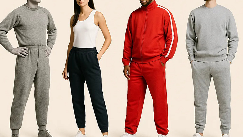 Models wearing casual tracksuits and jogger sets in gray, navy, and red.