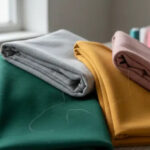 Folded knit fabrics in navy, green, gray, mustard, and pink on a table.