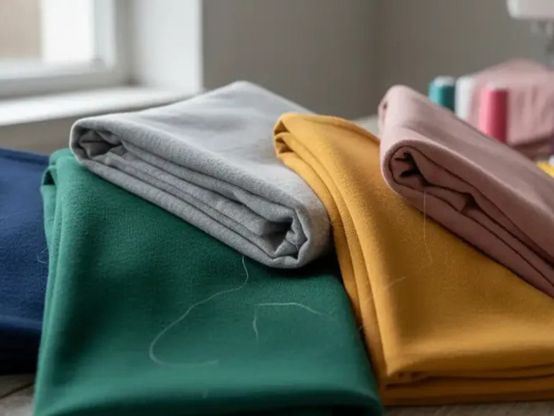 Folded knit fabrics in navy, green, gray, mustard, and pink on a table.