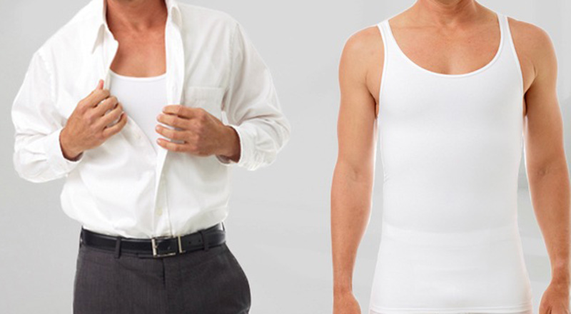 Men wearing white sleeveless undershirts, one layered under an open shirt
