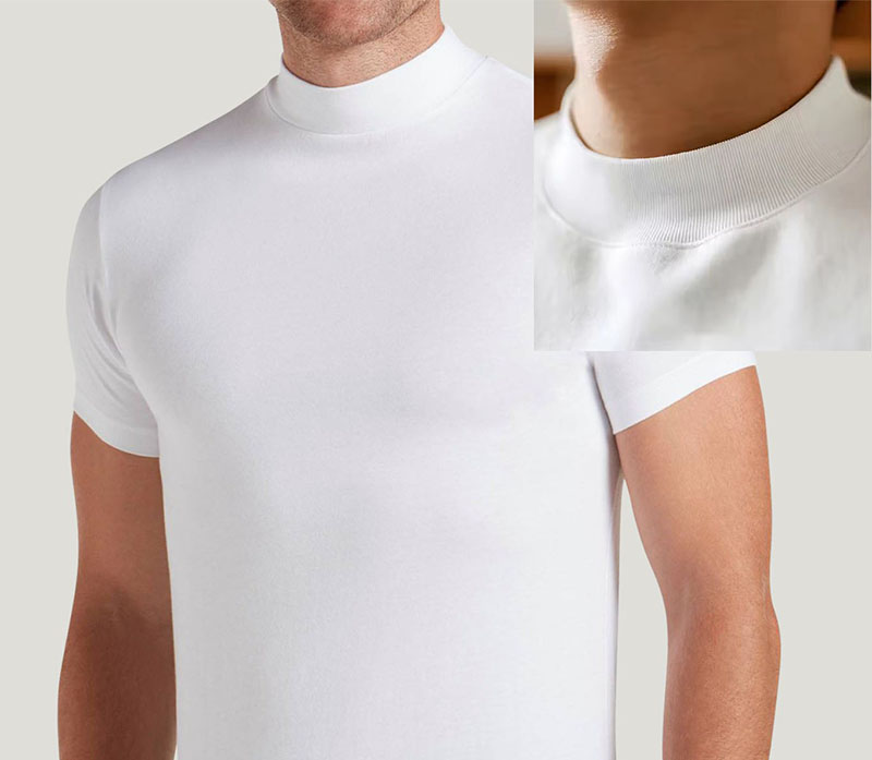 Close-up of a white fitted T-shirt with a mock neck collar, showing a zoomed-in view of the collar stitching.