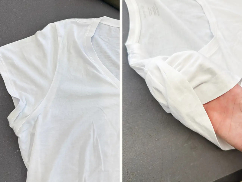 White T-shirt shown with close-up sleeve fabric detail