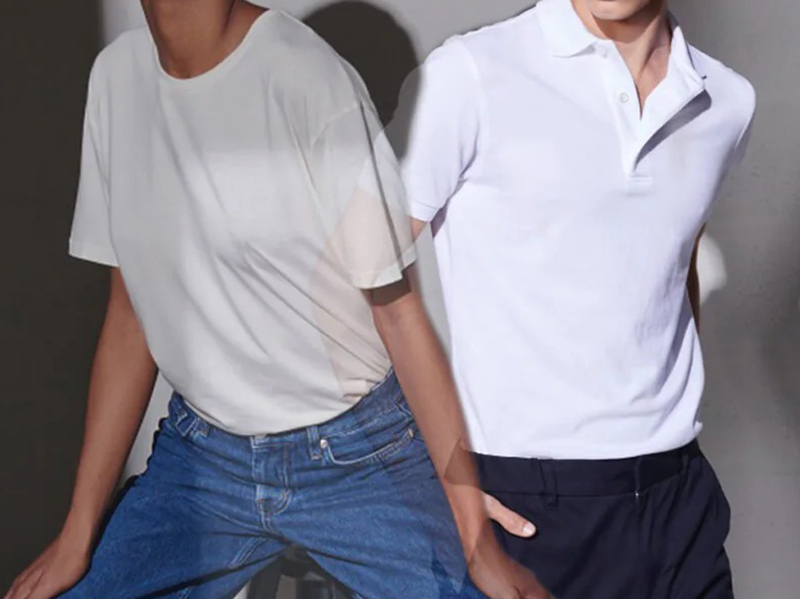 Two models wearing white T-shirt and white polo shirt indoors