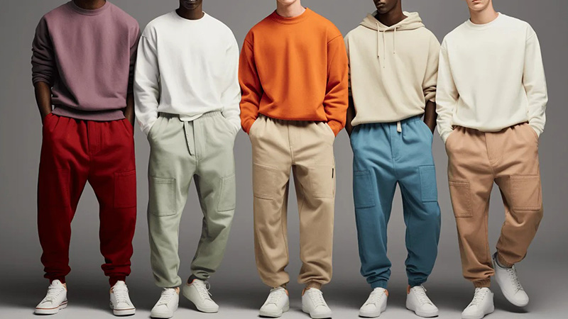 Five men modeling oversized sweatshirts and cargo joggers in muted and bold colors.