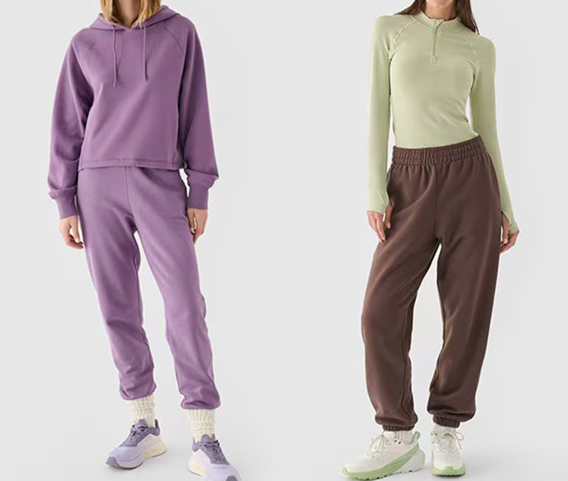 Women modeling casual loungewear outfits in lavender and brown jogger styles.