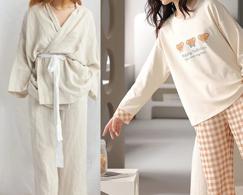 Two women wearing cream loungewear sets, one wrap style and one bear print pajama set.