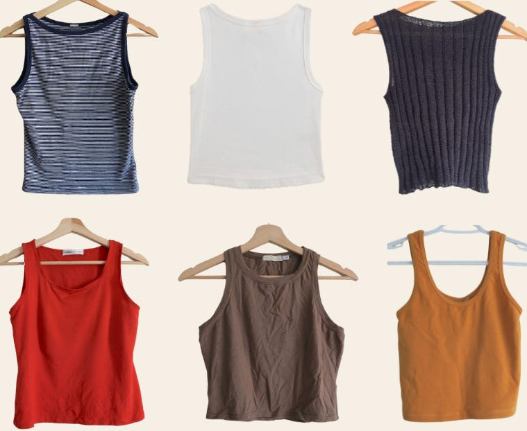 Six women’s tank tops in striped, white, ribbed, red, brown, and mustard styles.
