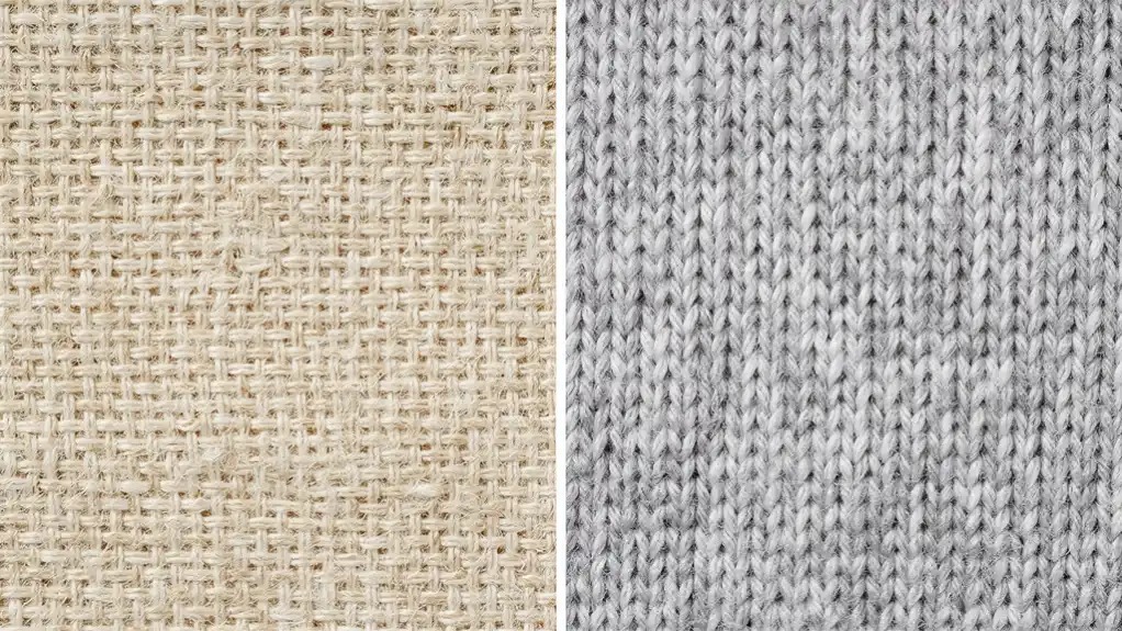 Side-by-side close-up of woven fabric texture and gray knit textile pattern