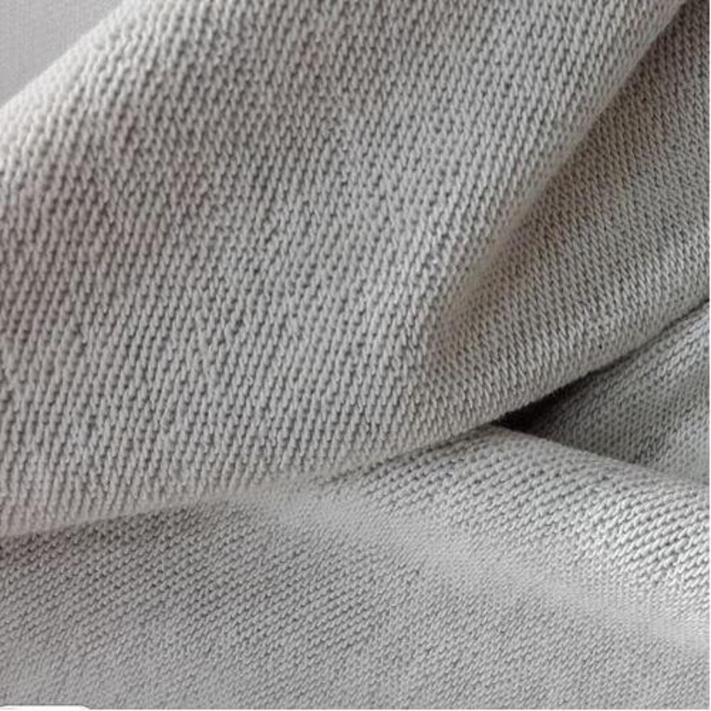 Close-up of soft gray knit fabric with fine texture and folded layers.