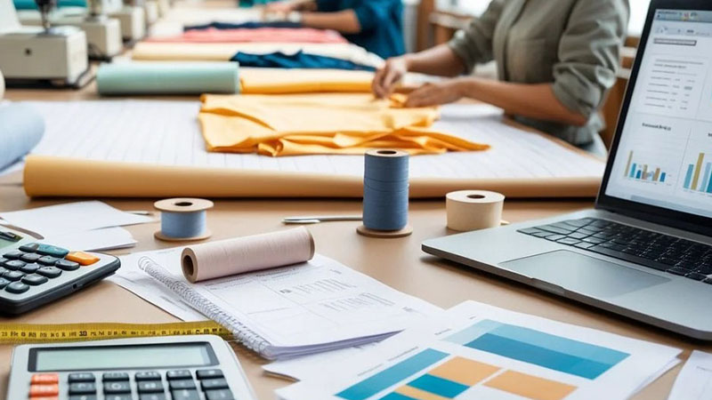 Workspace in a textile or clothing production setting,while people work with folded fabrics in the background.