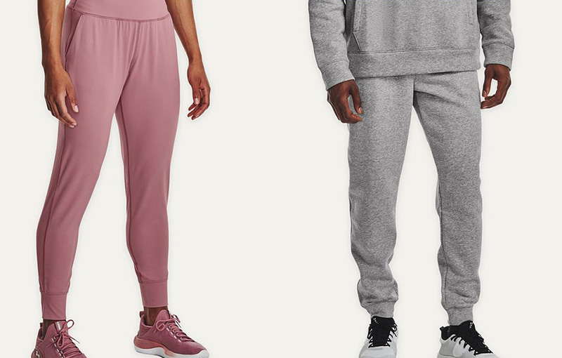 Pink running and gray training joggers shown side by side in activewear styles