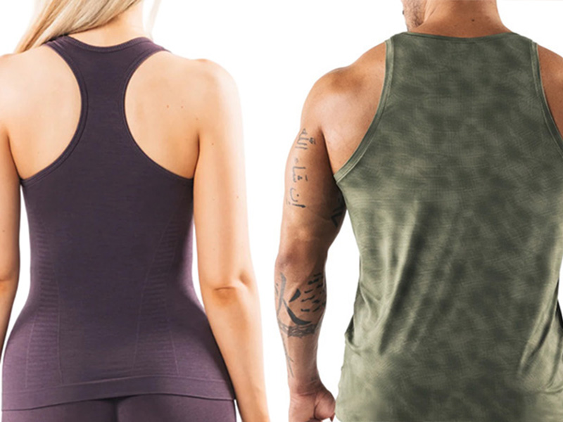 Back view of purple women’s and olive men’s racerback tank tops