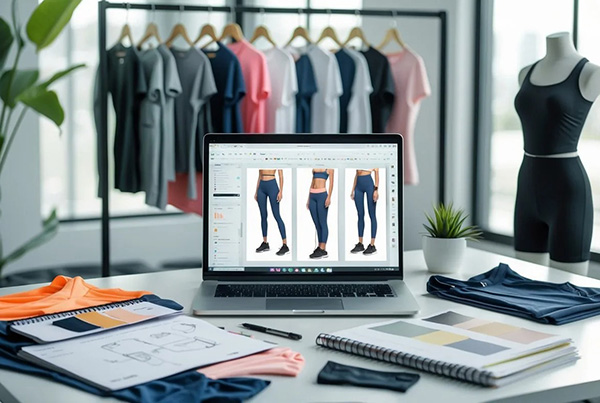 Laptop showing leggings designs surrounded by sketches, fabric swatches, and hanging t-shirts in a bright design studio.