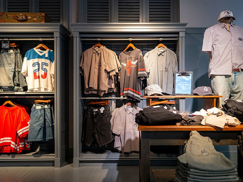 Various shirts, jeans, and hats displayed on racks and tables inside a retail clothing store.