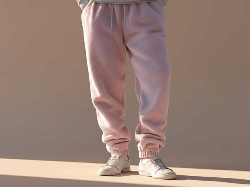 Pink fleece jogger pants with drawstring waist and cuffed ankles shown on model.