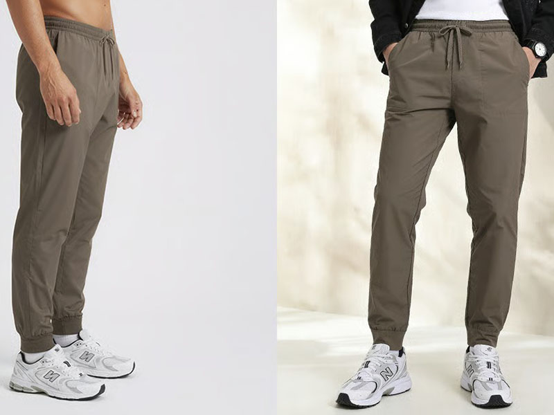 Men’s olive jogger pants shown in two casual styling views with drawstring waist.