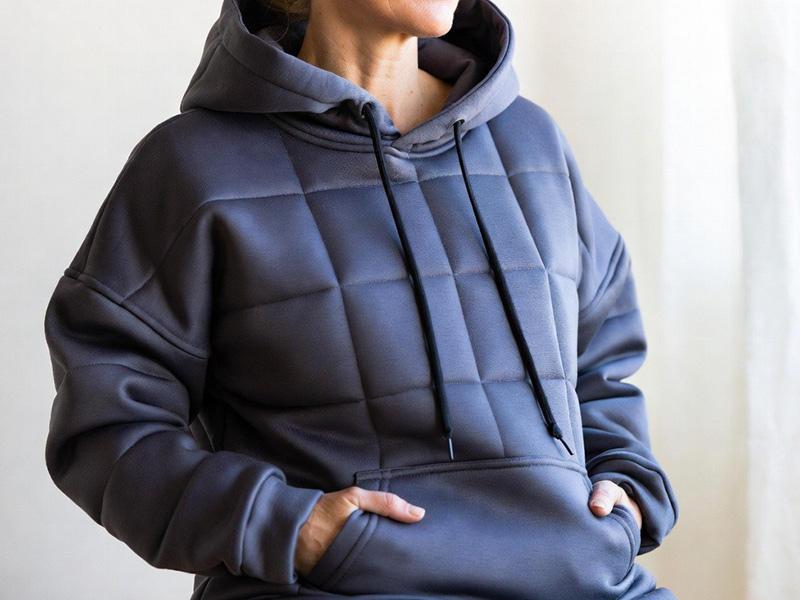 Woman wearing a blue quilted hoodie with drawstrings and kangaroo pocket.