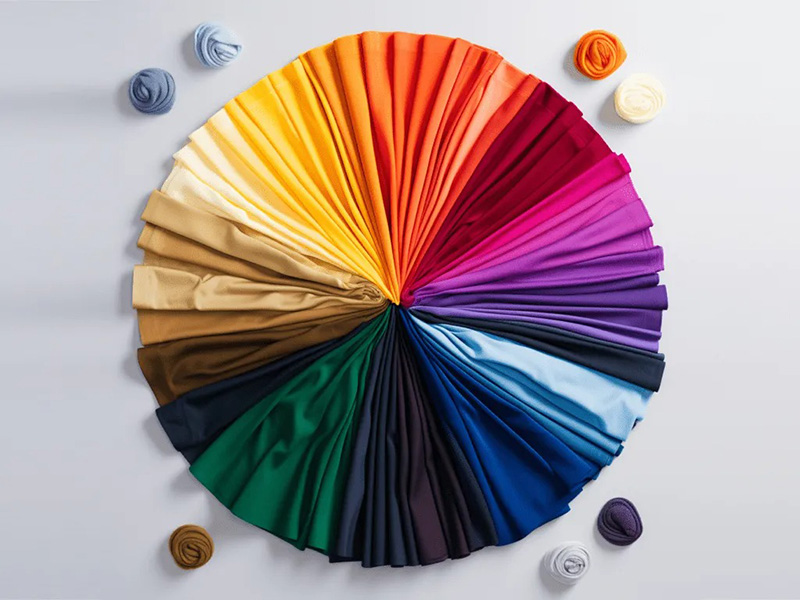 A circular arrangement of colorful fabric swatches, ranging from neutrals