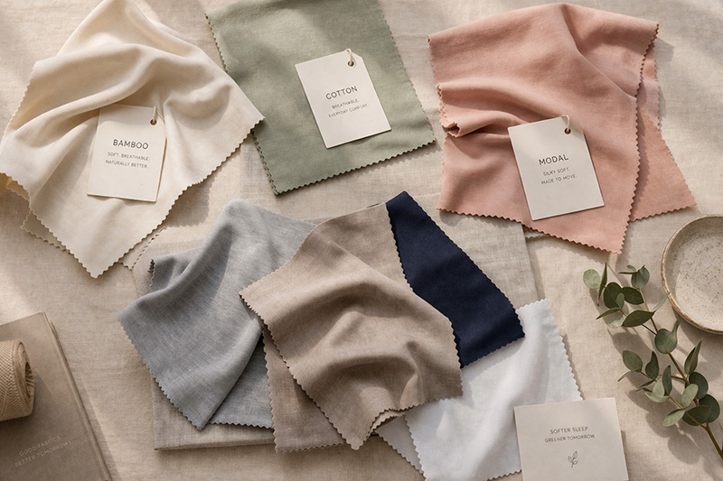 A flat lay of fabric swatches in various colors and materials arranged on a beige surface. The swatches are labeled with tags indicating the fabric type