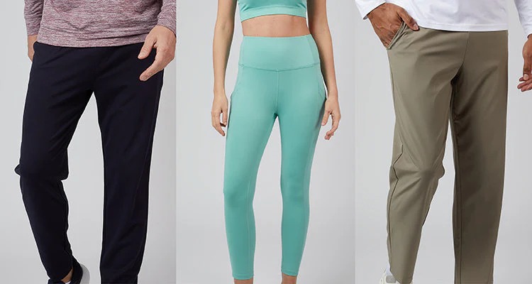 Comparison of athletic bottoms including navy joggers, mint leggings, and olive performance pants.