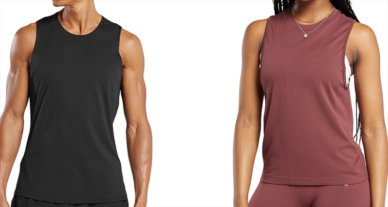 Sleeveless performance tank tops modeled in black and mauve athletic styles.