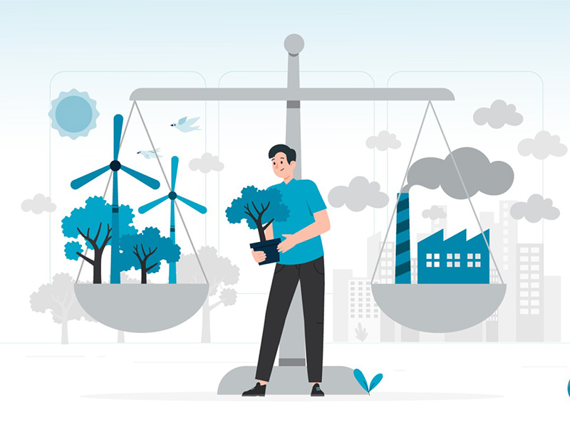 Illustration of a person holding a small tree standing between two large balance scales. One side has trees and wind turbines representing clean energy, while the other side has a factory emitting smoke, representing industrial pollution. The background includes clouds and buildings.