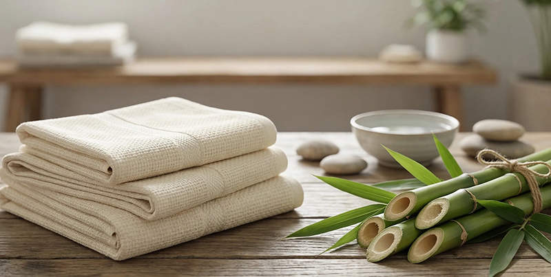 A stack of neatly folded cream-colored towels on a wooden surface, accompanied by bamboo stalks tied with twine, smooth stones, and a small bowl of water, evoking a calm spa-like setting.