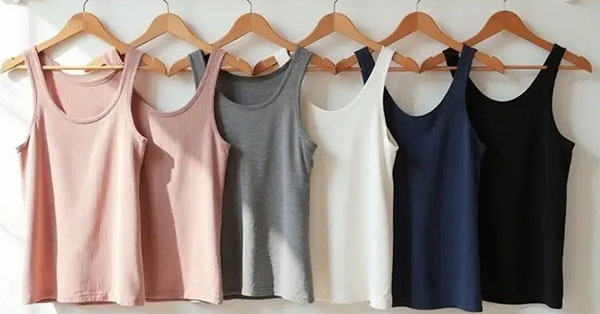 Six basic tank tops hanging in blush, pink, gray, white, navy, and black colors.