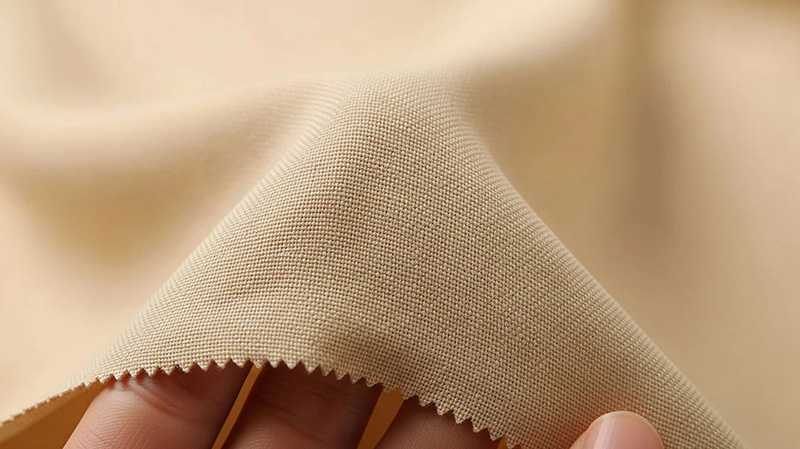 Hand holding soft beige fabric with visible texture and pinked edges